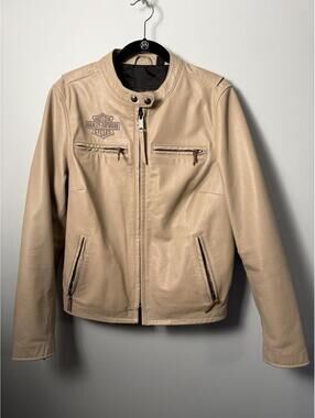 Harley Davidson Leather Jacket Embroidered Chain Stitch  Beige Riding Soft XL